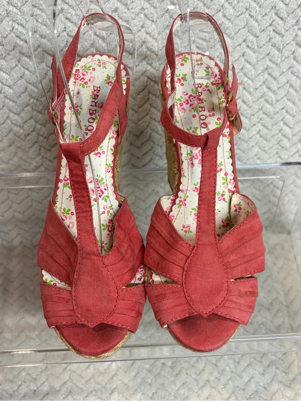 Bamboo Coral Red Espadrille Wedge Sandals 6 Floral T-Strap Cottagecore Y2K